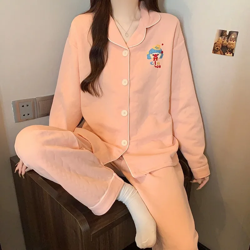 

Embroidery Fun Cartoon Women's Pajamas Set Harajuku Style Sweet Cute 2 Suit Set Sleepwear 2025 Autumn Winter Soft Pajamas Set