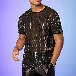 Sequined T-Shirt for Men Sparkling Dot Jazz Modern Dance T-Shirt Performance Tops 1970s Disco Tops Nightclub Festivals Costumes