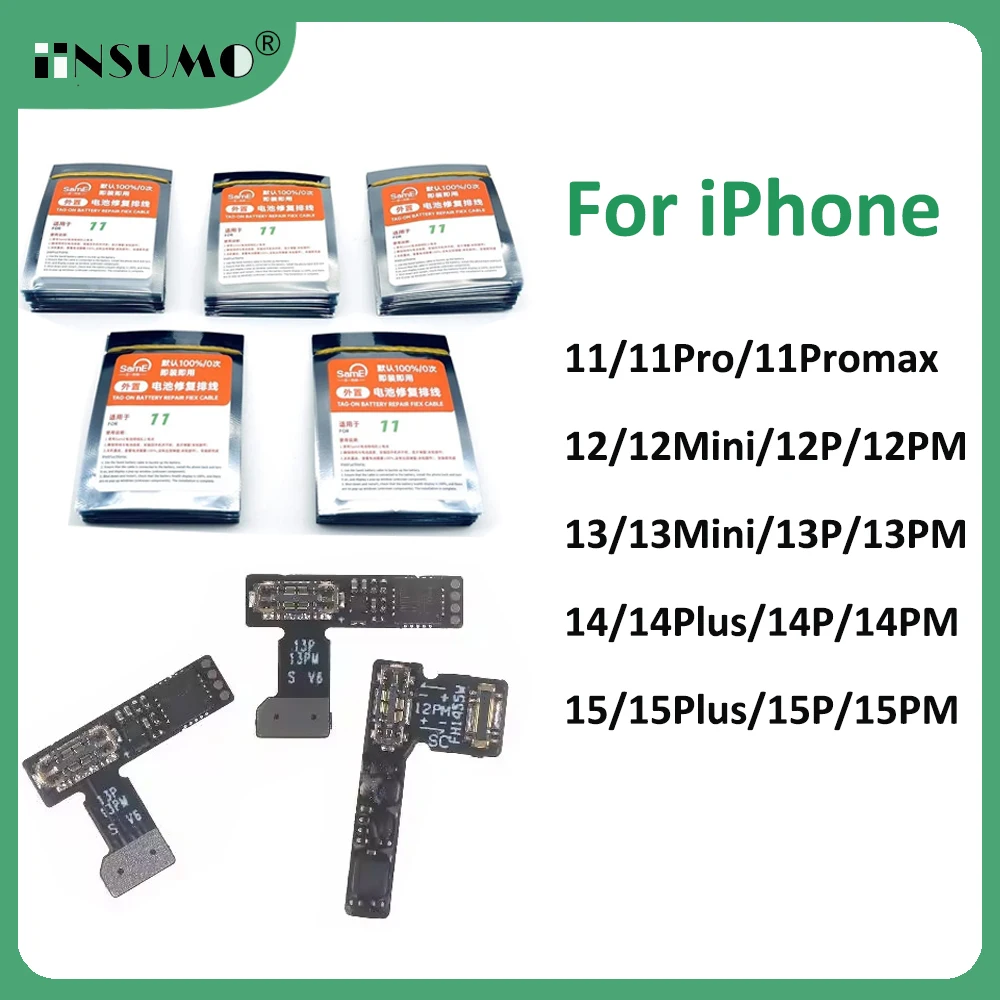 5pc SamE Pre-Programmed Battery Tag-on Flex Cable For iPhone 15 ProMax 14 13 12 Shows 100% Health 0 Cycle No Pop Up Message