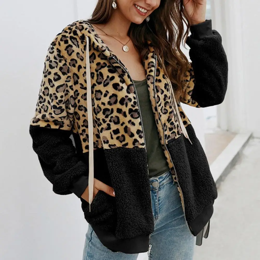 Fluffy Jacket Women Autumn Winter Jackets Leopard Print Color Block Female Jacket Plush Hoodies Sweatshirts Hooded Outwear