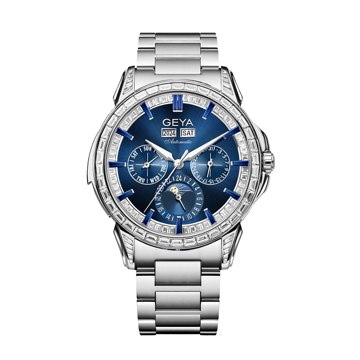 GEYA Automatic Mechanical Watch Week Display Stainless Water Resistant Luminous Hands Men Wrist Watch 78163