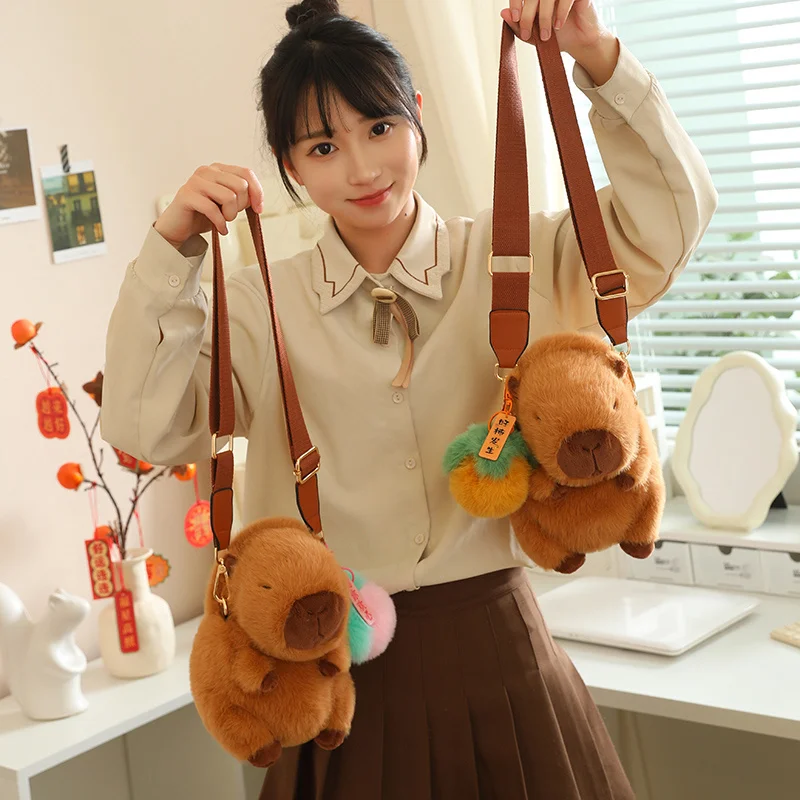 24cm New Capybara Plush Satchel Fruit Apple Persimmon Peach Poop Decorative Standing Capybara Plush Bag Soft Comfortable Gift