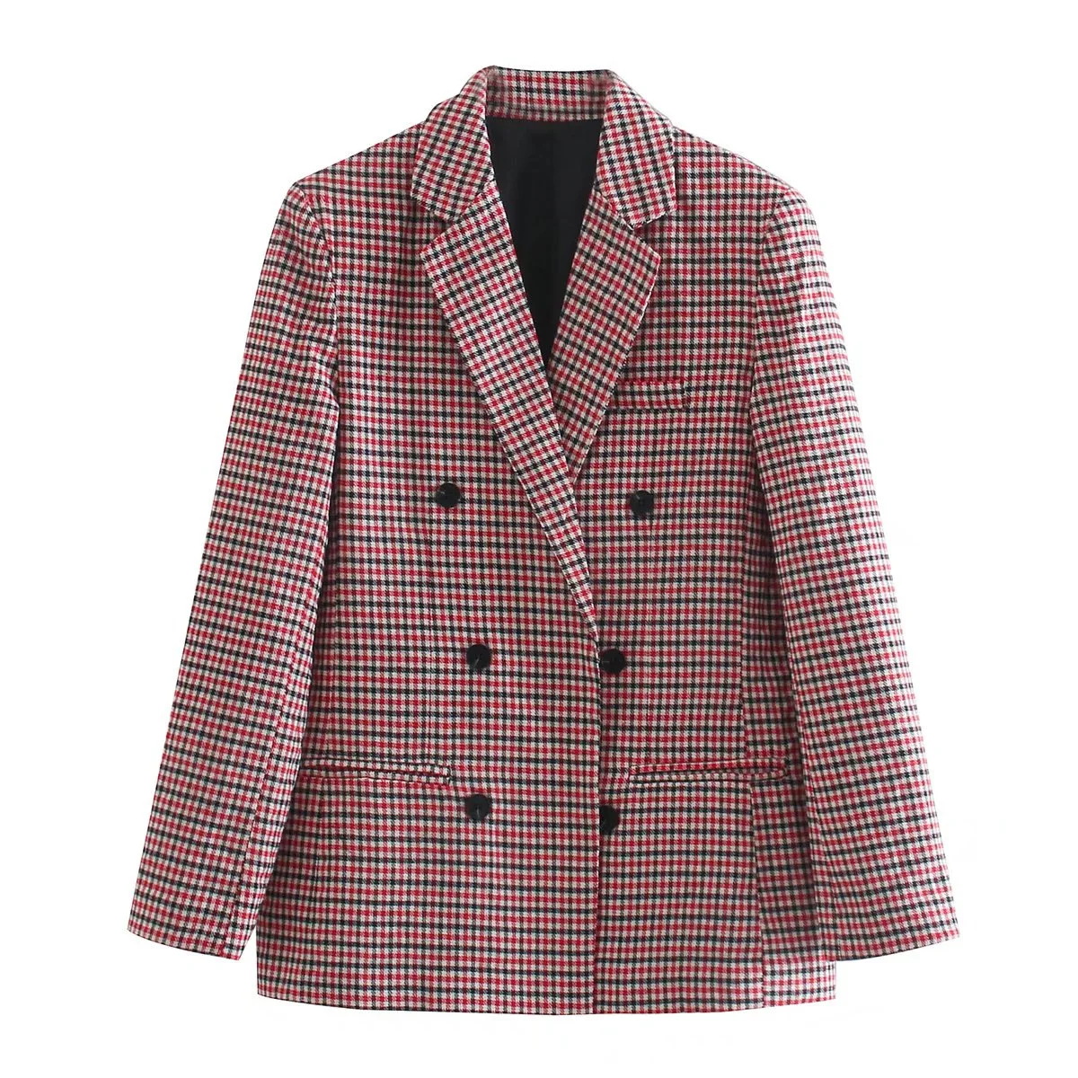 New Vintage Houndstooth Women Woolen Blazer Double Breasted Plaid Female Suit Jacket Fashion Korean Outerwear Loose Blaser Coat