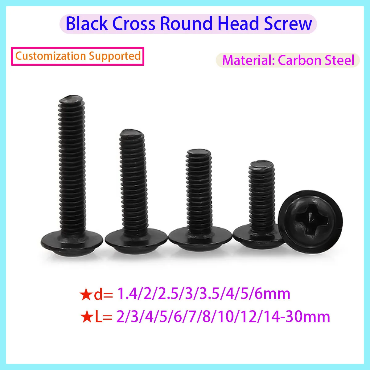 

Black Carbon Steel Cross Pan Round Truss Head, with Washer Gasket Collar Machine Screw 1.4/2/2.5/3/3.5/4/5/5/6mm