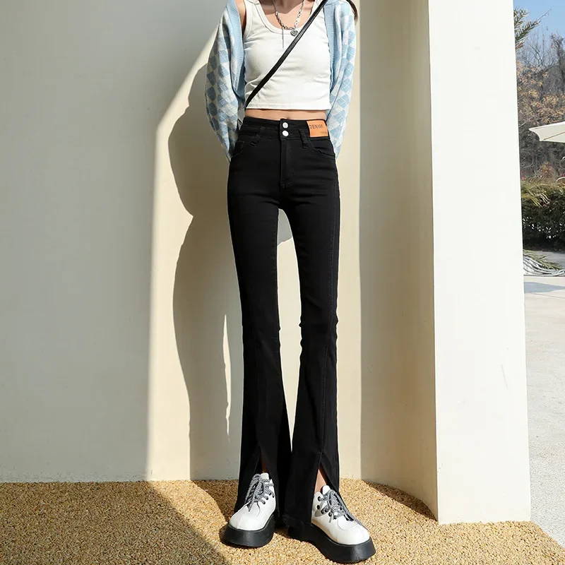 

Джинсы женские стрейчевые облегающие с высокой талией, разрезом и микро-клешем, длиной в пол, для весны и осени, новинка