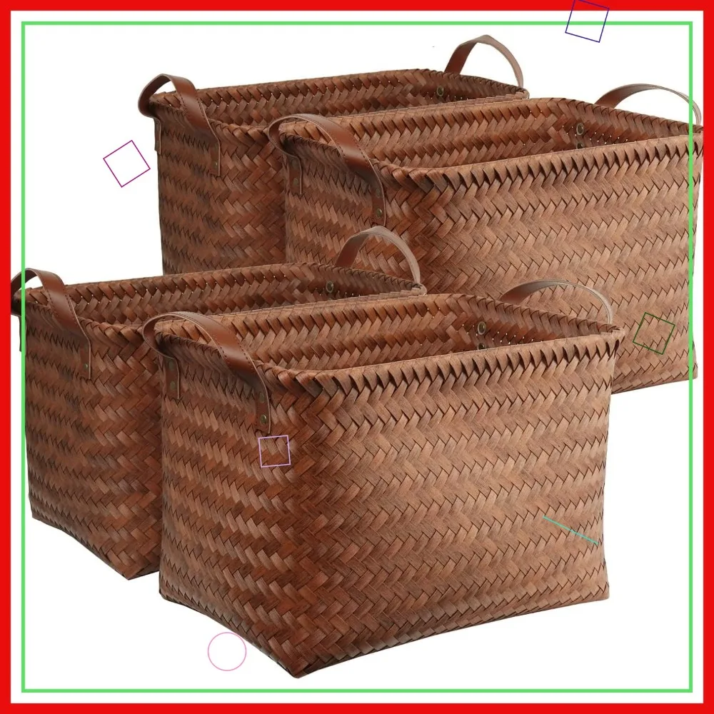 

Large Woven Laundry Hampers and Storage Baskets for Shelves, Closet, Bedroom, Bathroom - Pack of 4 in Brown