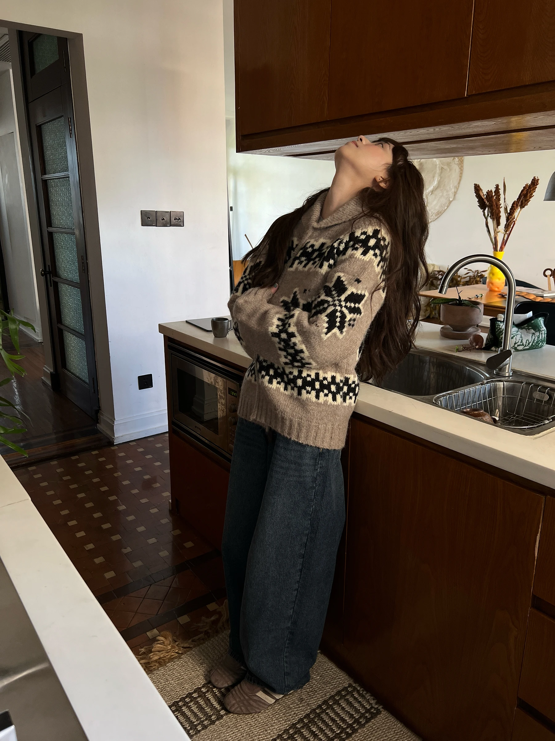 

Винтажный свитер цвета хаки со снежинками, джет, женский зимний свободный ленивый высококачественный свободный трикотаж, кардиган, теплый V-Ne, длинный слэ...