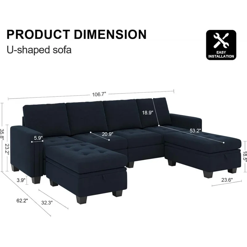 Belffin Velvet U shaped Sectional Sofa Couch with Storage Ottoman Convertibel Reversible Chaises Blue