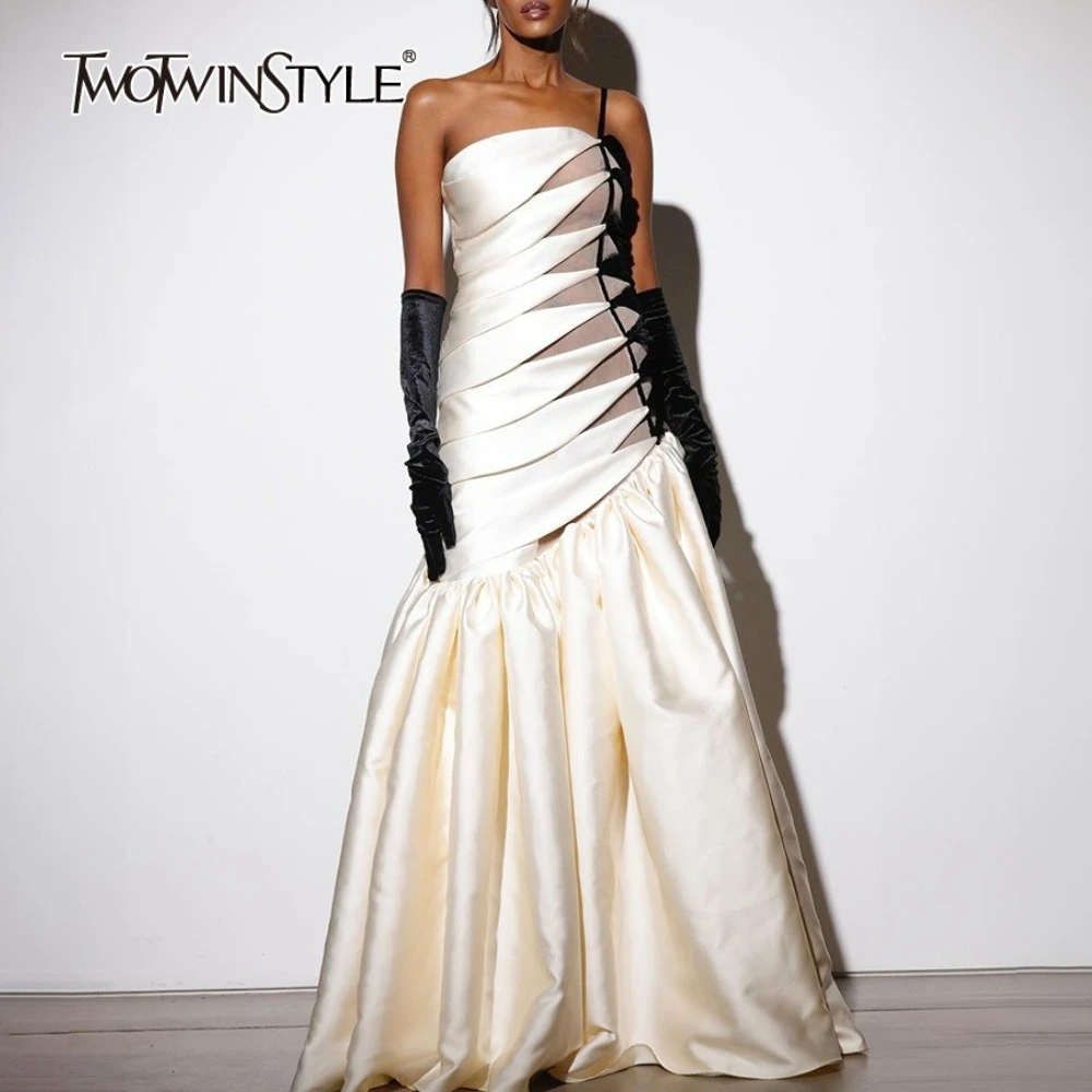 TWOTWINSTYLE Hit Kleur Sheer Gesplitste Ruches Elegante Jurken voor Vrouwen Strapless Mouwloze Patchwork Plooien Jurk Vrouwelijke Mode