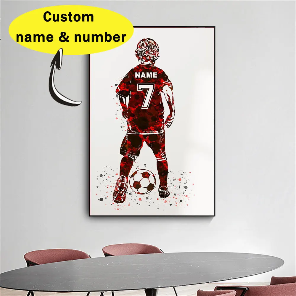 

Personelized Soccer Player Boy Watercolor Canvas Print Painting Male Football Gift Kids Room Decor Soccer Customize Gift