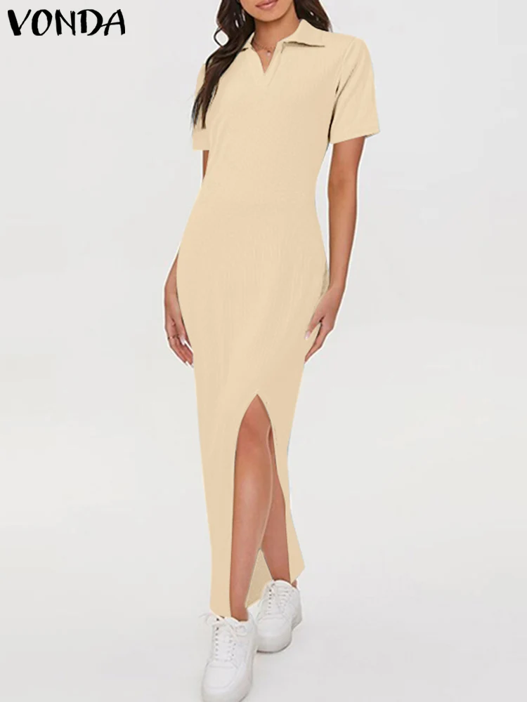 VONDA レディース マキシ丈ワンピース 2025 夏 無地 半袖 カジュアル スリット入りワンピース エレガント オフィスレディー ロングシャツワンピース サマードレス