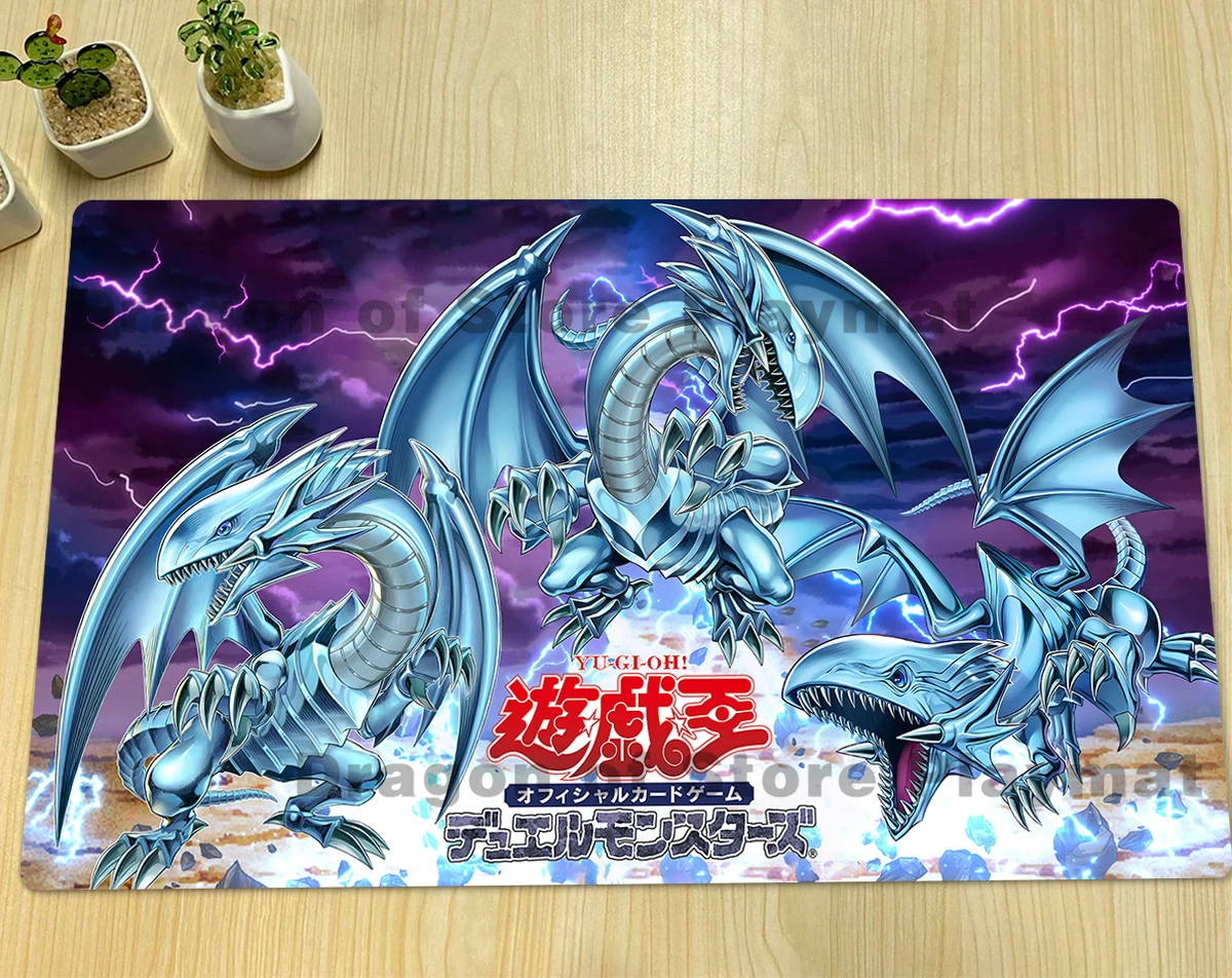 

YuGiOh Playmat Blue-Eyes White Dragon TCG CCG Mat Trading Card Game Mat Rubber Gaming Play Mat Anime Mouse Pad Free Bag 60x35cm