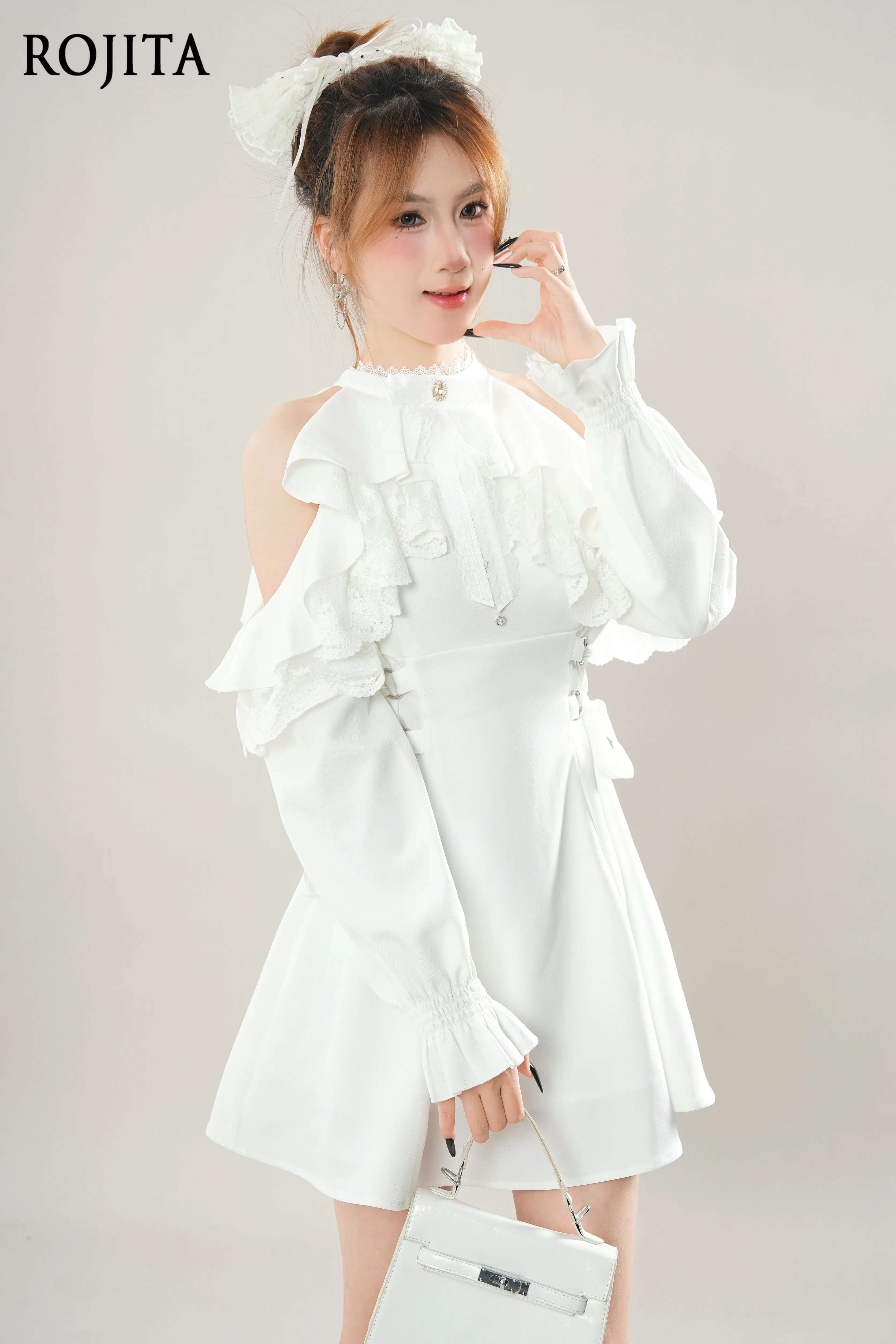 

White Lace Long Sleeve Off-the-shoulder Ruffle Edge Strap Dress Summer Dress for Women 2025 New Flared Sleeve Short Dress