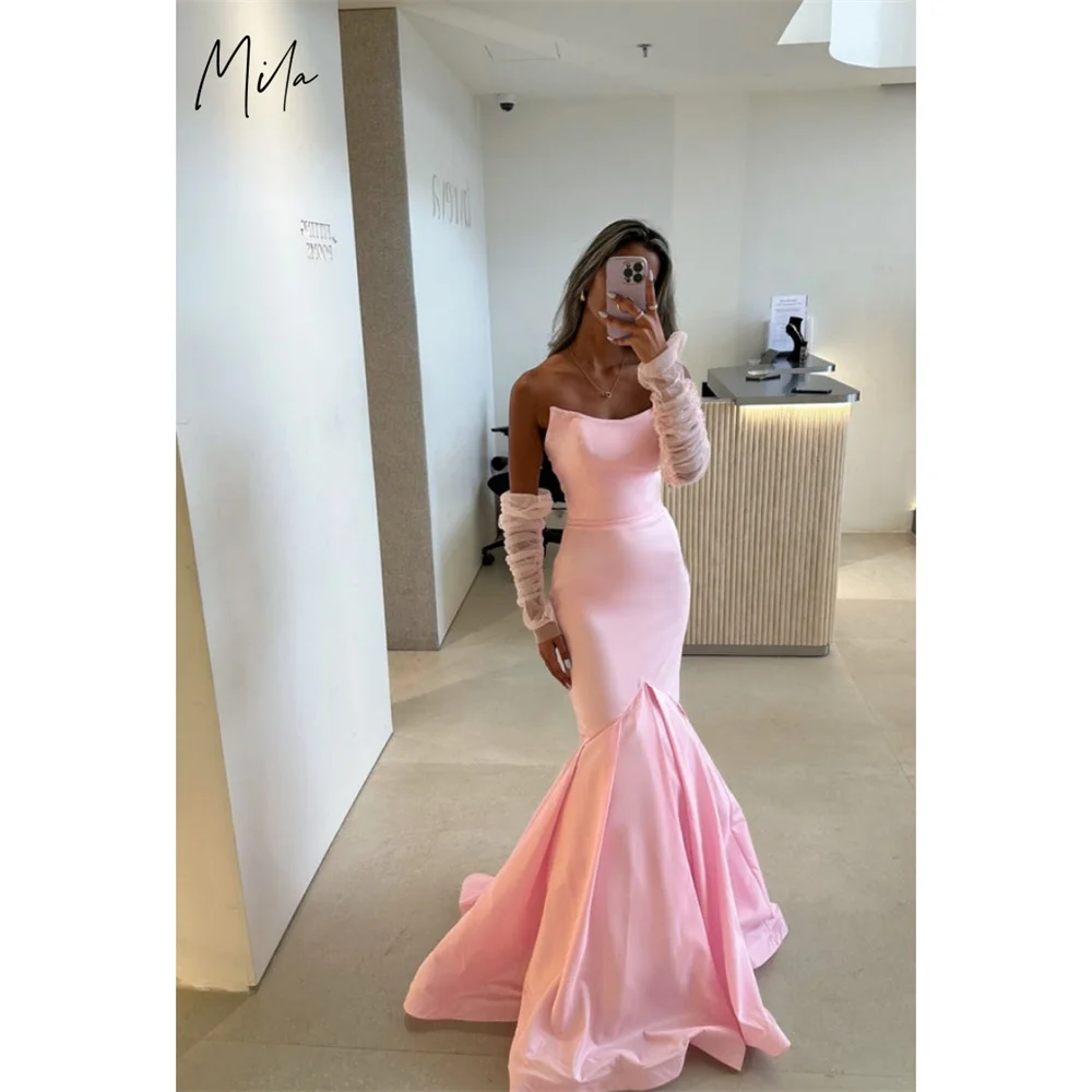 

Mila Strapless Customized Pink Evening Dresses 3/4 Length Sleeve Prom Dress 2025 Mermaid Floor-Length Wedding Party Formal Gowns