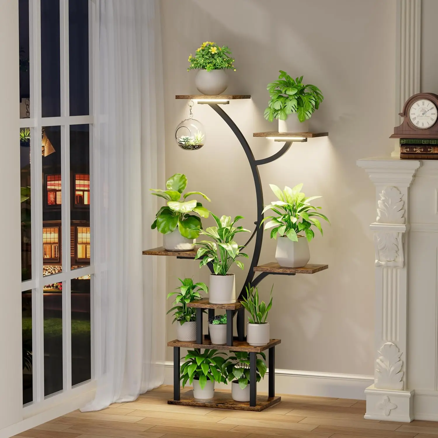 47" Corner Plant Stand with Adjustable Grow Light, 7-Tier Metal Shelf for Indoor Plants in Living Room or Balcony