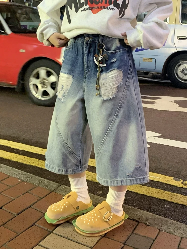 

Women's Gradient Broken Hole Wide Leg Blue Denim Shorts Unisex Style Capris Summer Female High Waist Loose Knee Length Jeans