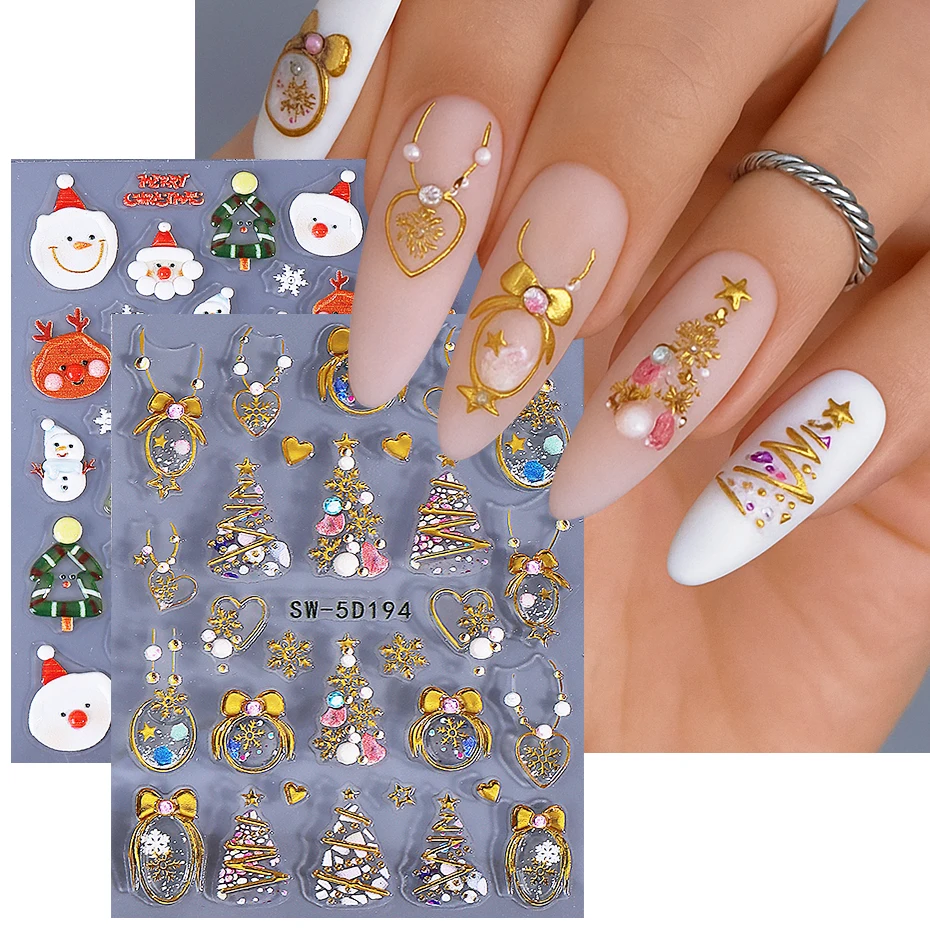 2/4 pezzi adesivi per unghie di Natale lampada in rilievo 5D palla albero di Natale fiocchi di neve arco decalcomanie per unghie cursori decorazione manicure di Capodanno