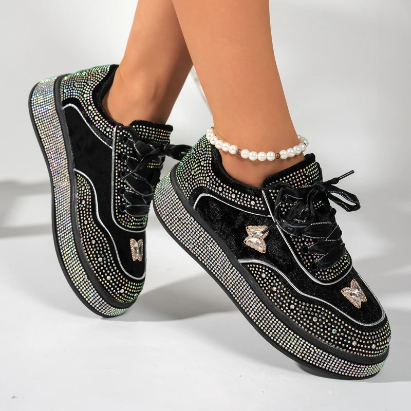 High-top Round-toe Lace-up Sequined Multi-color Versatile Comfortable Anti-slip Breathable Sports Casual Women's Single Shoe