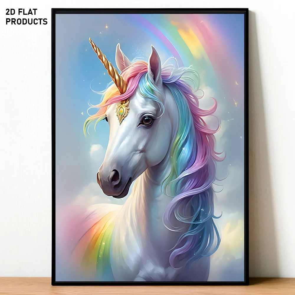 2D Flat, 2D Flat, 1pc, Multi-Size Frameless Canvas Painting Featuring a Dreamy Portrait of a Rainbow Unicorn Surrounded by a