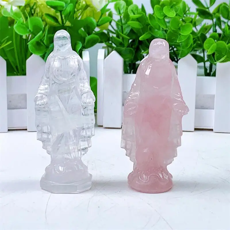 

Natural Clear Quartz And Rose Quartz Madonna Crystal Carved Healing Energy Stone Fashion Tabletop Decoration Birthday Gift 1PCS