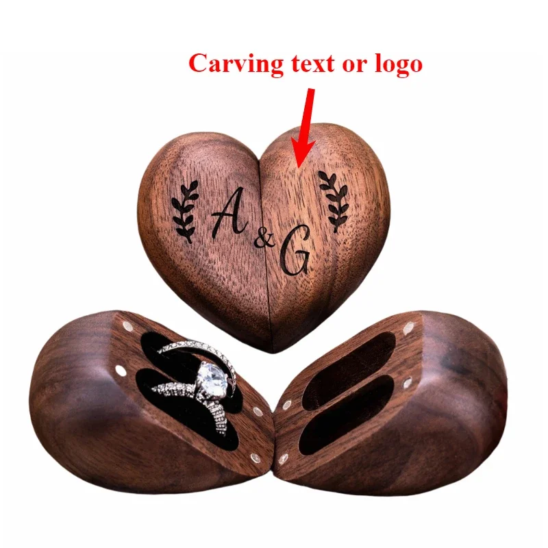 

Engraved Walnut Wood Heart-Shaped Double Ring Box for Wedding/Anniversary Gifts Jewelry Organizer