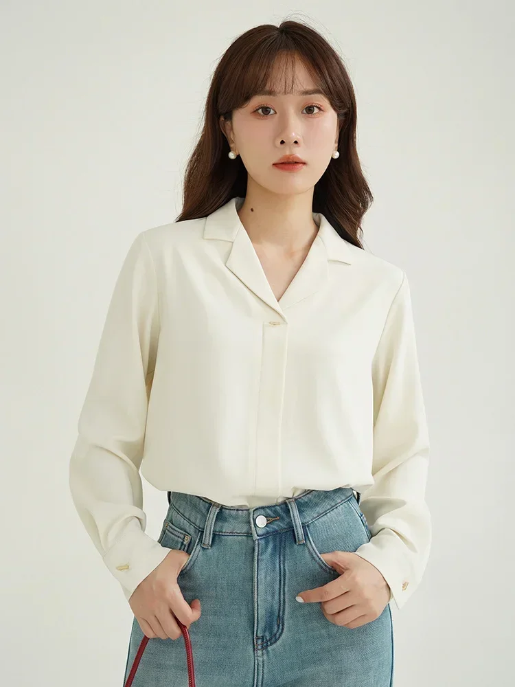 

Women Elegant Commute Blazer Collar Shirt Solid Color Long Sleeved Woman Casual Draped Design Blouse Perfect for Spring Autumn