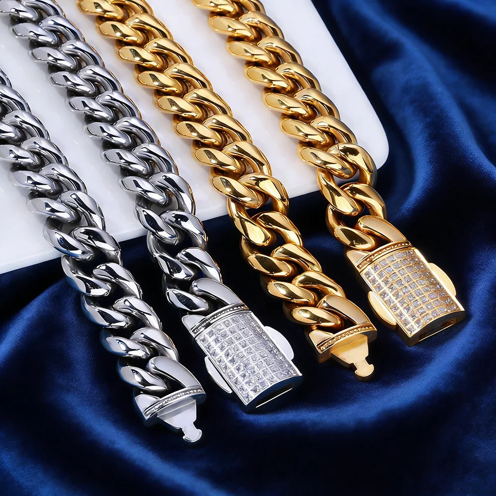 HHIOK 12MM Width Stainless Steel Miami Cuban Link Bracelet Iced CNC Inlay Cubic Zirconia Hip Hop Jewelry for Men Women Wholesale
