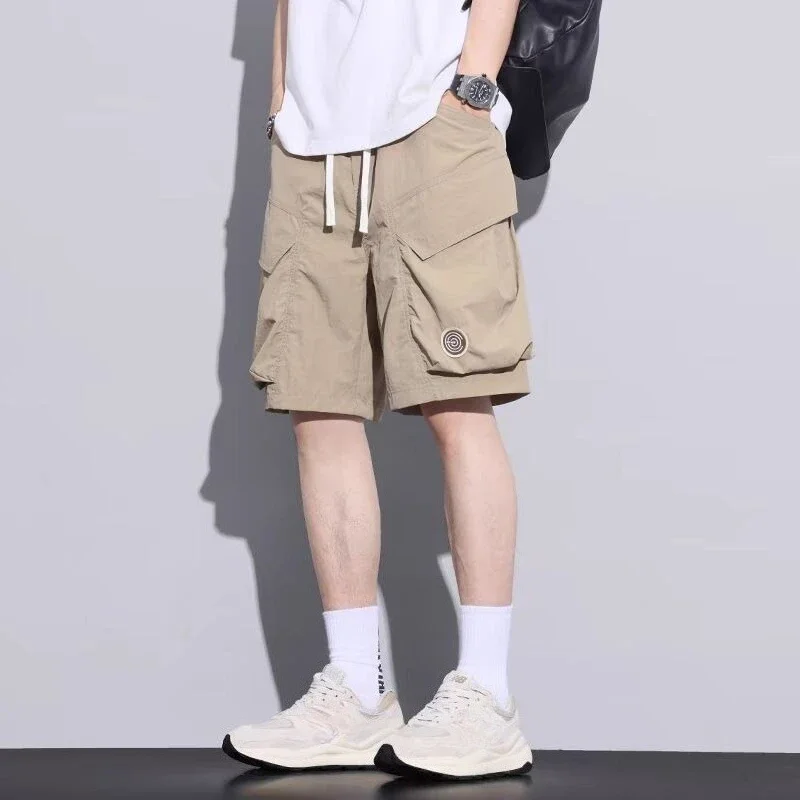 남성 포켓 와이드 카고 반바지 배기 드로스트링 솔리드 밴딩 허리 루즈 지퍼 편안한 옷 Y2k