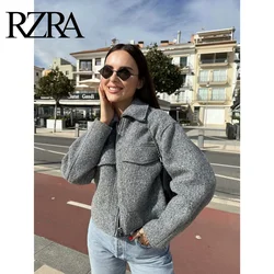 RZRA Women's Winter Jacket 2024 Lapel Long Sleeve Pocket Decoration Short Tweed Jacket Multicolor Fashionable Versatile