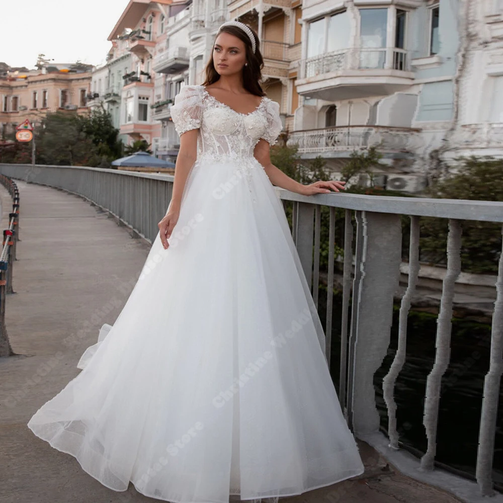 

Elegant Women Wedding Dresses Sweetheart Collar Bridal Gowns Mopping Length Lace Printing Princess Vestidos De Novias Customized