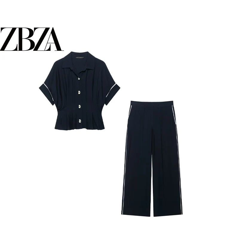 Fashionable Color Block  Pleated Shirt Pants Set ZR Wind Women's Clothing Four Seasons Suitable Two-Piece Set from China