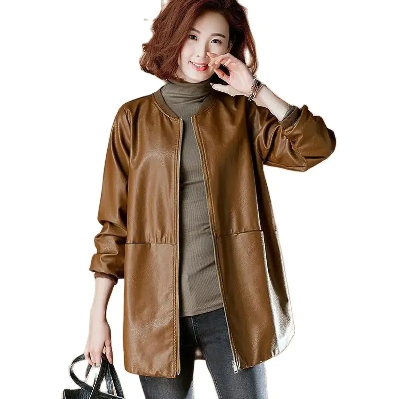 6XL Long Leather Coat Female 2024 Spring Autumn New Korean Version of Loose Match Slimming PU Baseball Jacket Leather Top Tide