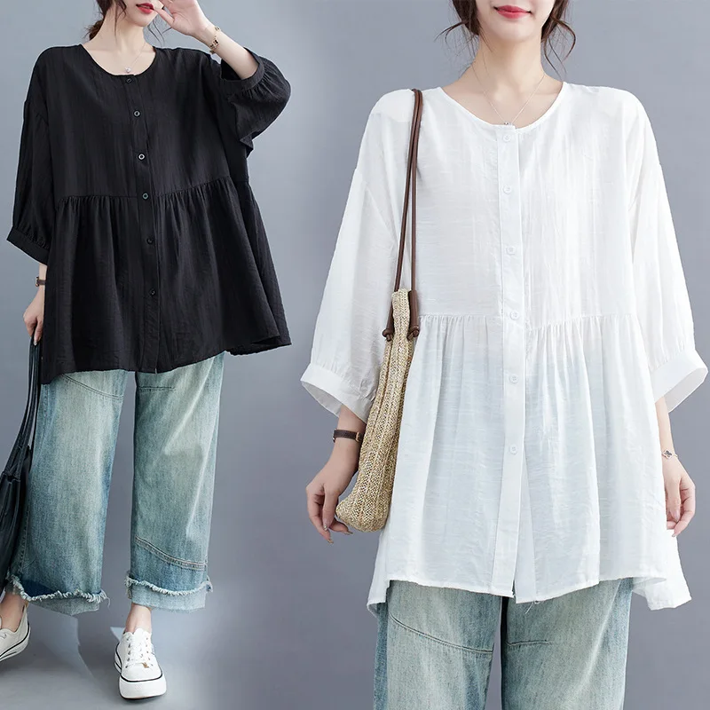 2024 Summer Plus Size Women's Simple and Comfortable Seven-sleeve Collarless Blouse