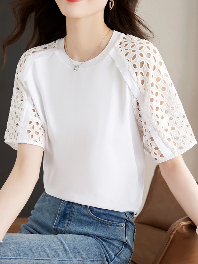 White Sexy Hallow Out Cotton Shirt Clothing For Women 2024 Casual Summer O-Neck Casual Short Sleeve Ladies Tops