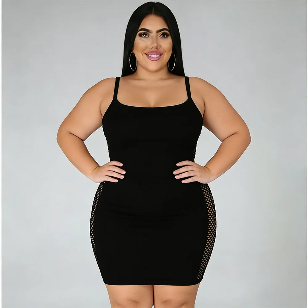 Vestidos ajustados de tirantes finos para mujer, con malla y patchwork, para discoteca, fiesta, vestido hueco, talla grande 9XL 8XL 7XL 6XL