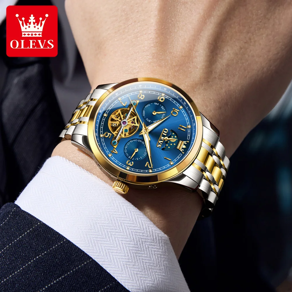 ساعات OLEVS أوتوماتيكية للرجال ساعة يد ميكانيكية أصلية فاخرة بهيكل عظمي توربيون بتقويم كلاسيكي لرجال الأعمال #5