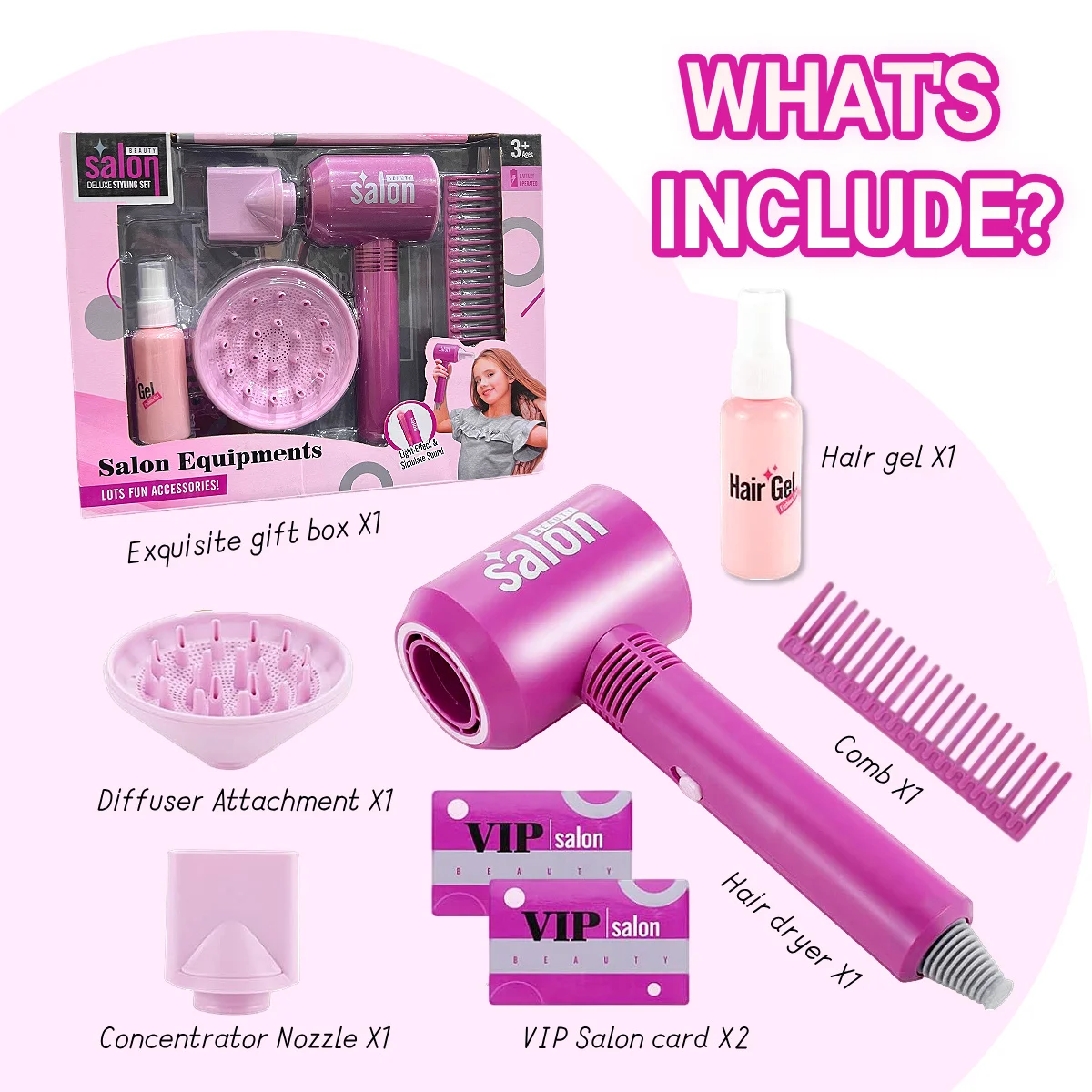 7 STKS Meisjes Kapsalon Cadeauset - Kinderen Schoonheid Speelset met Pretend Föhn & 2 Verwisselbare Nozzles, verjaardag Kerstmis