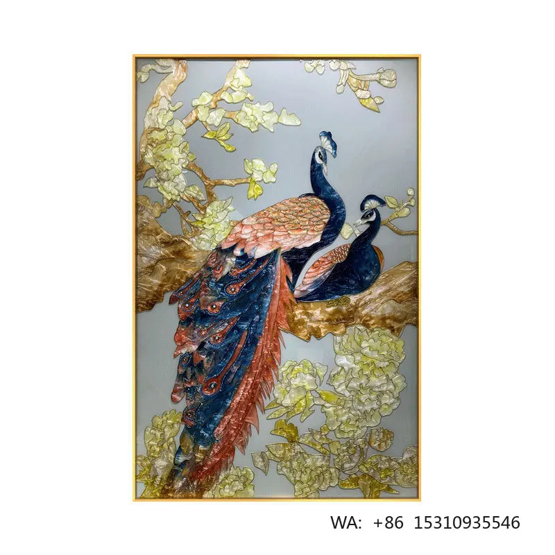 Handmade Enamel Metal Modern Animal Double Peacock Art Mural Luxury Living Room Sofa Background Wall Painting Bedroom Entrance