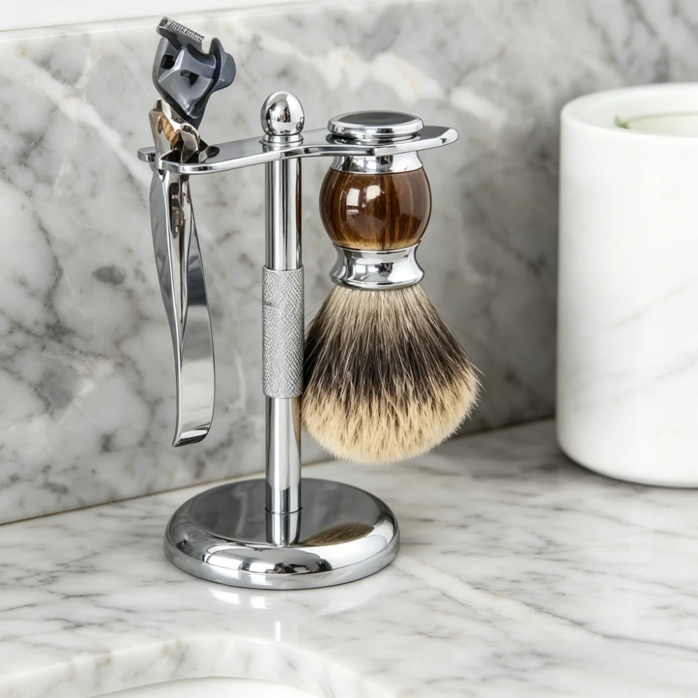 Stainless Steel Razor & Brush Stand Detachable Design Heavy Base Stable Shaving Tool Storage for Bathroom  Accessory