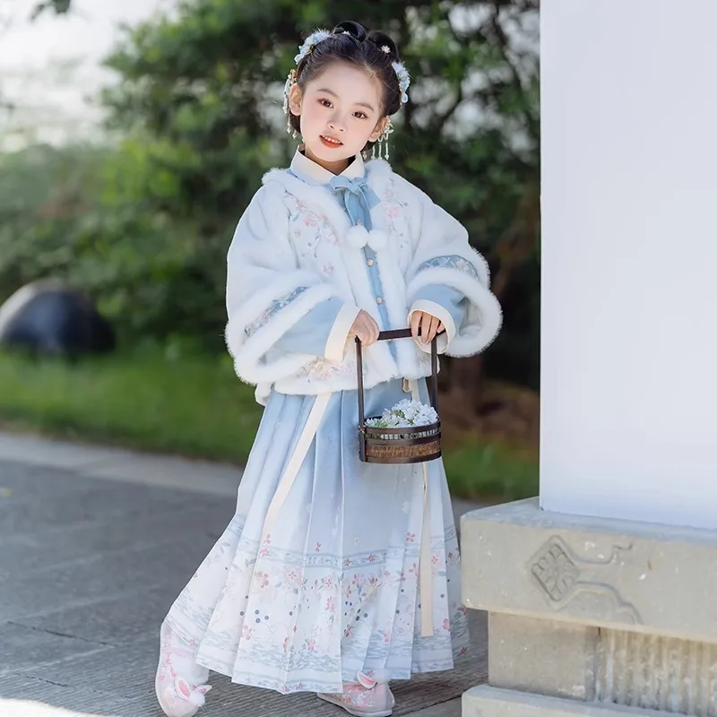 

Girls' Hanfu With Plush New Year's Clothing, Thickened Children's Ancient Costume, Tang Horse Face Skirt, Winter Style Dress
