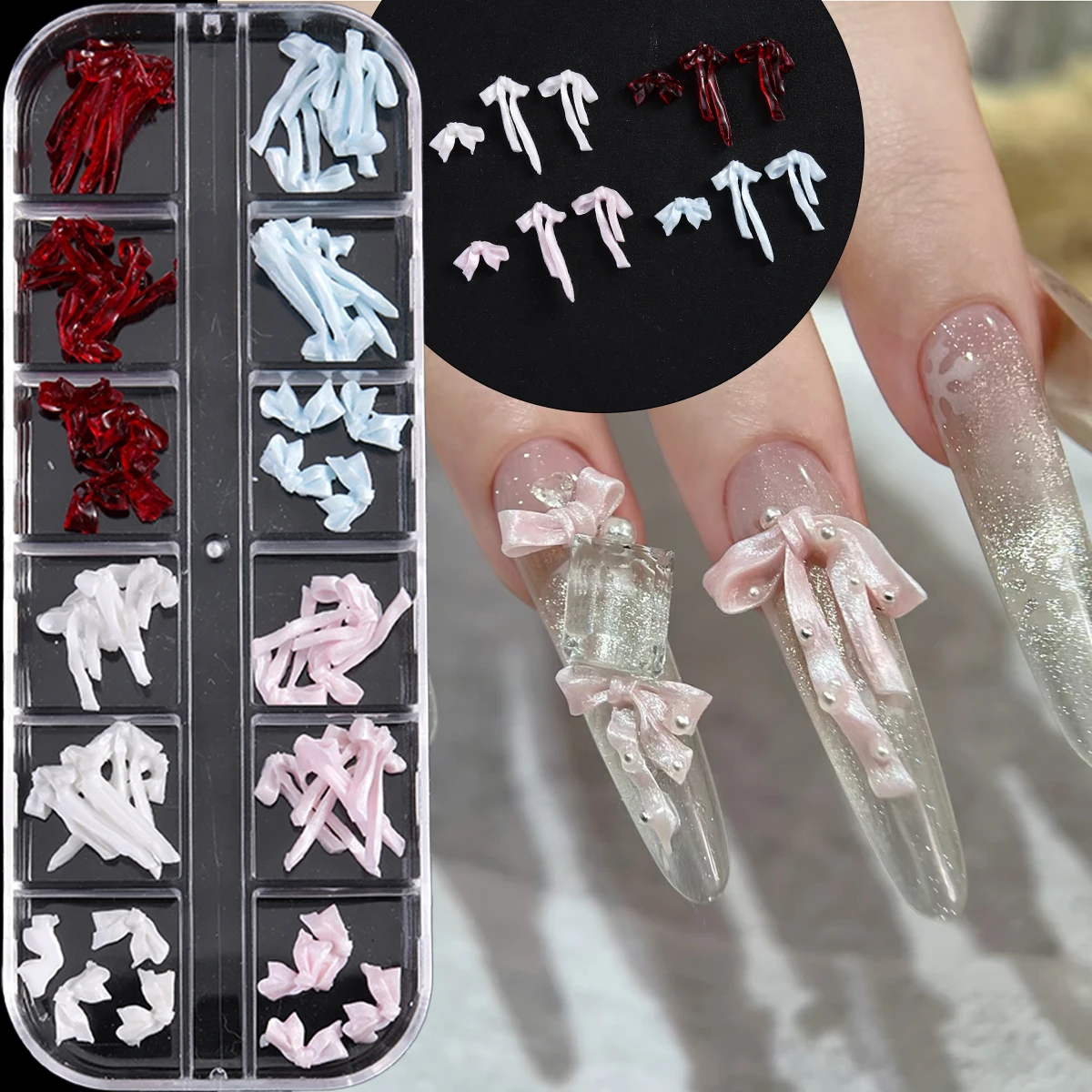 12-compartment bow nail art accessories, mixed satin sculpted bow ties and ribbons, boxed nail decorations - suitable for home a