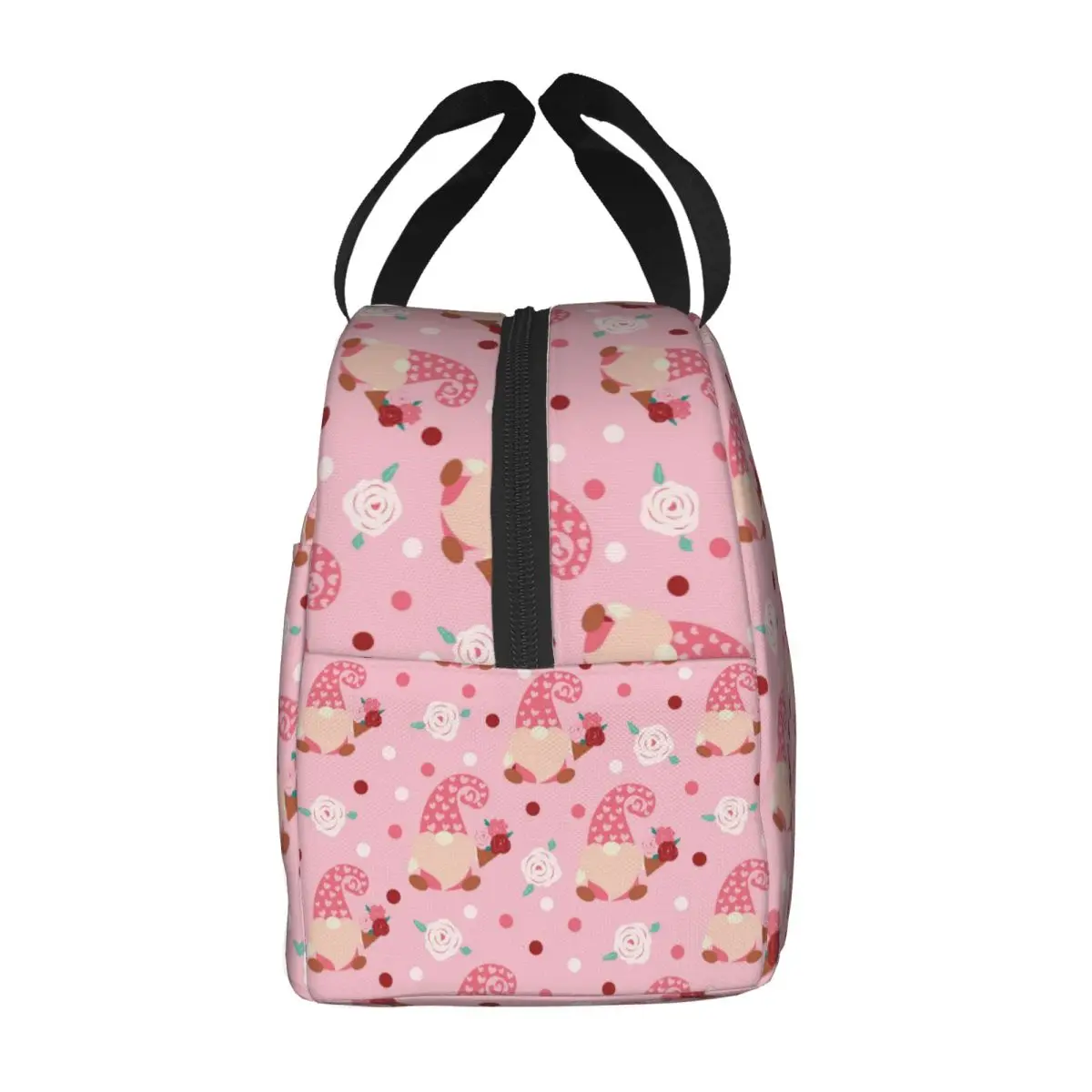 Custom Pink Gnome In Love Hearts And Flowers Pattern Insulated Lunch Bag for Women Portable  Day Gift Thermal Cooler Lunch Box
