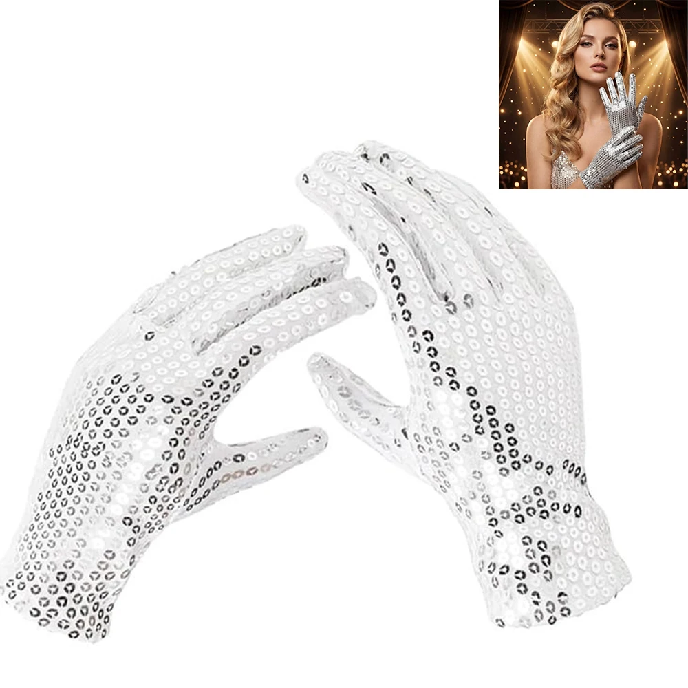Glitter Full Finger Sequin Short Gloves Sparkling Sequined Accessory for Stage Performance Dance Disco Costume Party Decortion