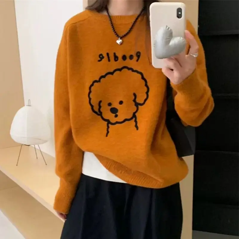 Lazy style orange sweater for women autumn and winter 2024 new loose cartoon super good-looking sweater Japanese knitted sweater