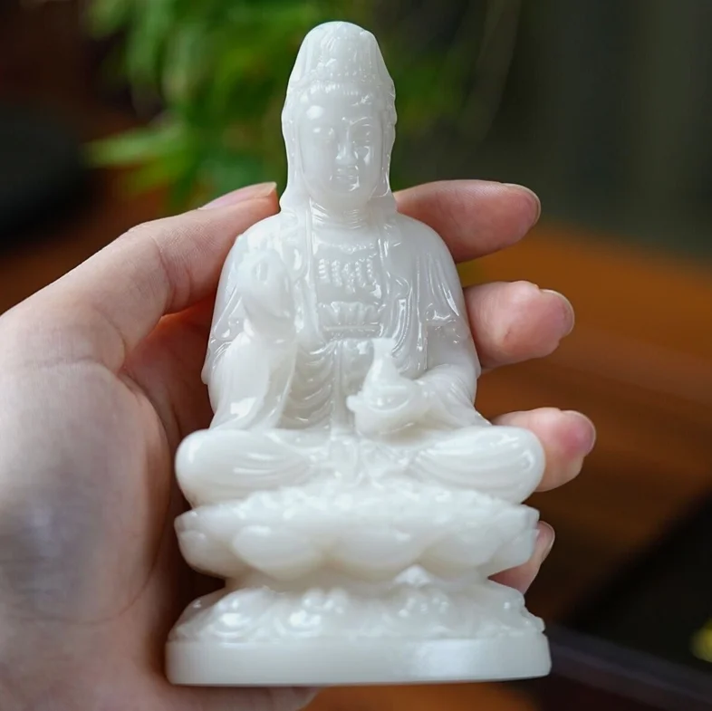 China Natural Hetian White Jade Guanyin Statue Buddha Worship Fengshui Ornament