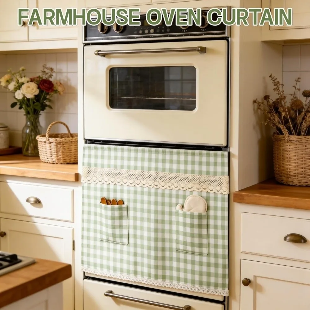 Pastoral Style Oven Skirt Curtain Checkered Decorative Tie Top Stove Cover Heat Resistant with Ruffle Trim
