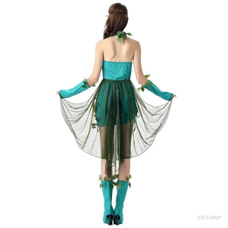 Sexy Women Flower Fairy Tinkerbell Fantasia Costume Halloween Carnival Party Fairytale Green Forest Elf Cosplay Dress