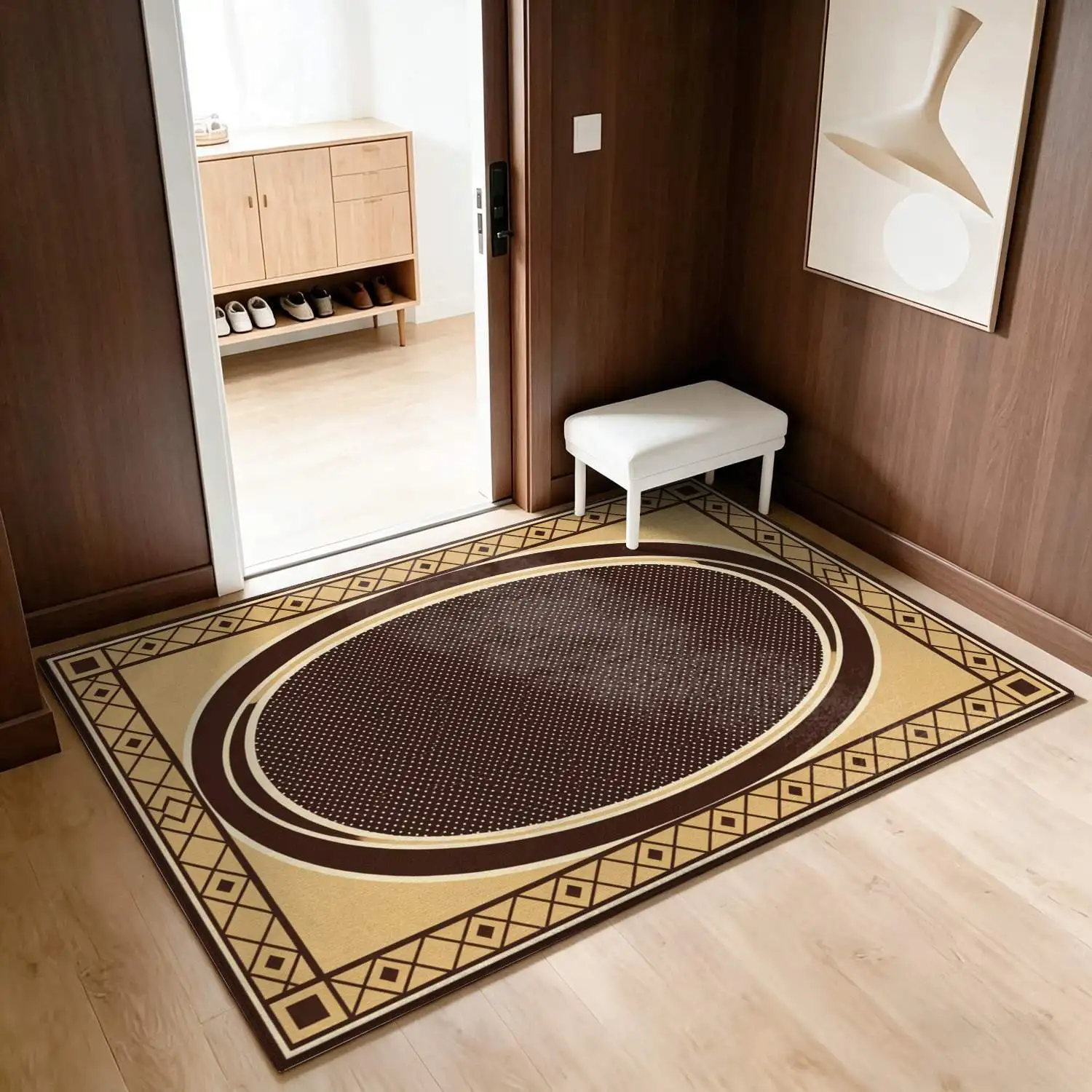 1Pc 2D Printed Carpet: Brown-Yellow Geometric Elliptical Pattern, European Vintage Style, Suitable for Home Decor, Multiple Sizes, Machine Washable, Ideal for Entrance, Dining Room, Foyer, Bedroom, Living Room
