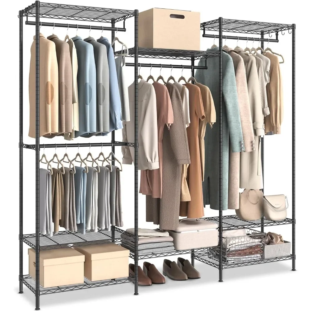 SONGMICS Clothing Rack, Heavy-Duty Garment Rack with Adjustable Storage Shelves and Hanging Rails, Hooks, Dividable,