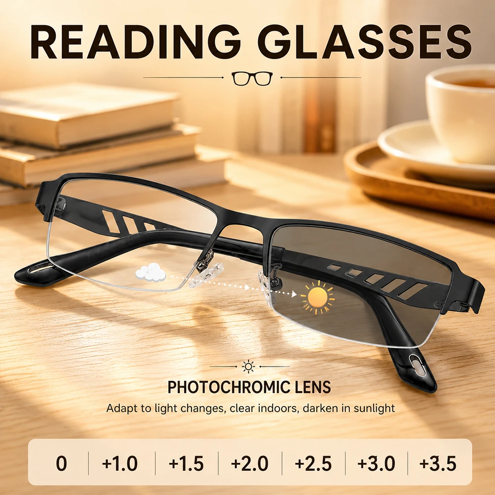 Photochrome Lesebrille für Damen und Herren, Halbrand, Metall, Anti-Blaulicht, Übergangsbrille gegen Alterssichtigkeit, +1,0 bis +4,0